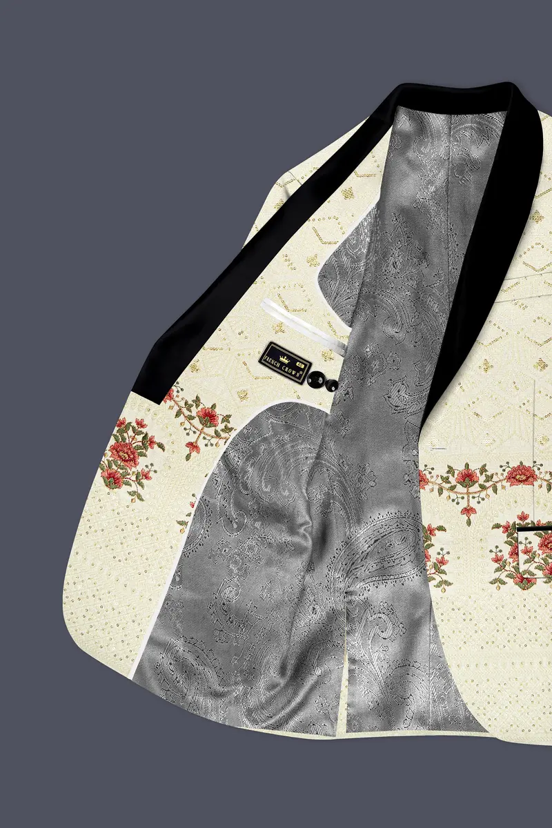 Ivrosa-Porcelain Cream And Apricot Peach Multicolour Thread And Sequin Embroidered Designer Tuxedo Blazer 4