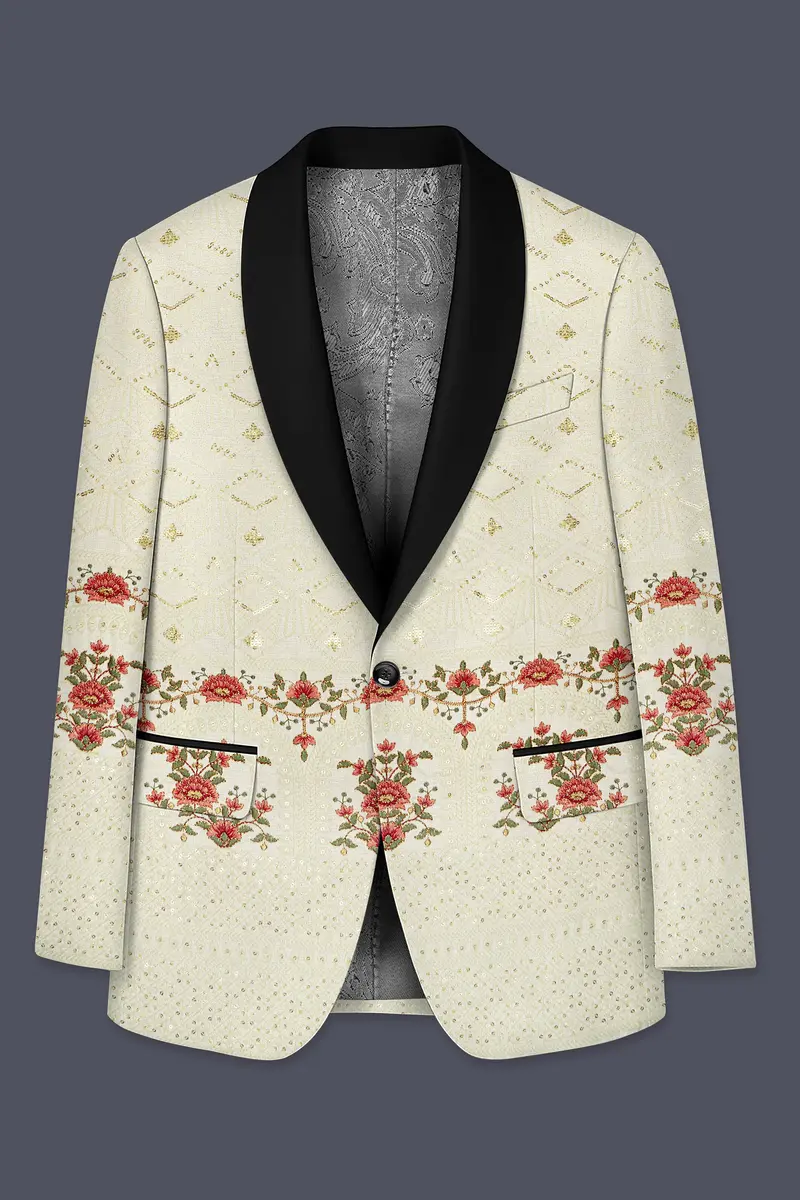 Ivrosa-Porcelain Cream And Apricot Peach Multicolour Thread And Sequin Embroidered Designer Tuxedo Blazer 7