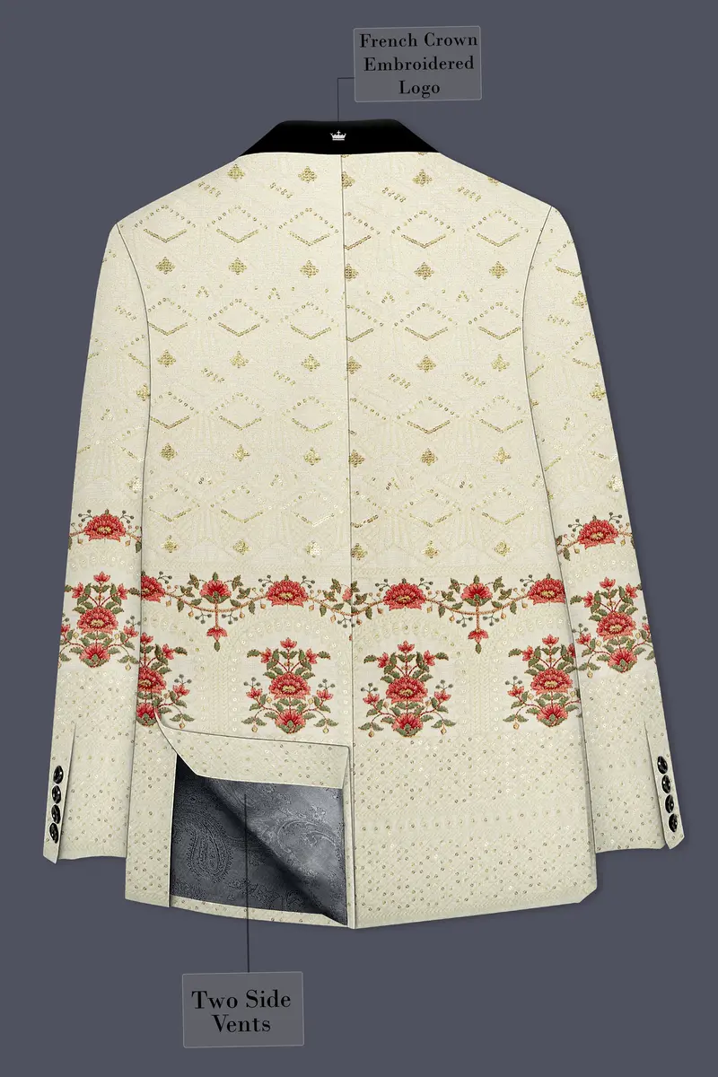 Ivrosa-Porcelain Cream And Apricot Peach Multicolour Thread And Sequin Embroidered Designer Tuxedo Blazer 8