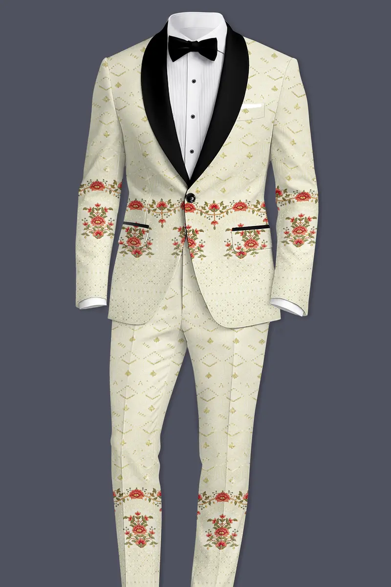 Ivrosa-Porcelain Cream And Apricot Peach Multicolour Thread And Sequin Embroidered Designer Tuxedo Blazer 9