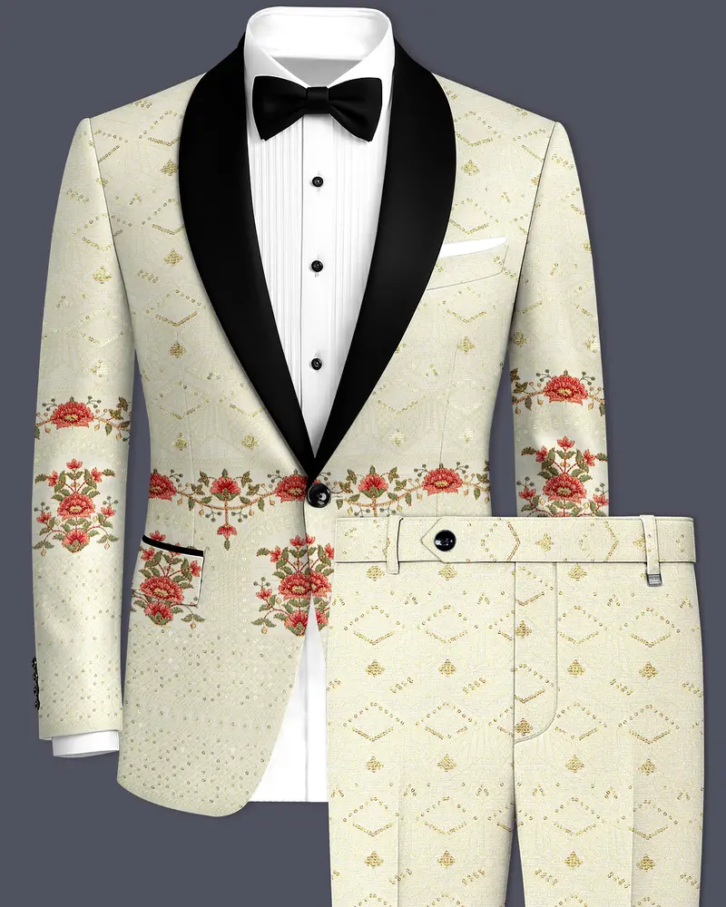 Ivrosa-Porcelain Cream And Apricot Peach Multicolour Thread And Sequin Embroidered Designer Tuxedo Suit 1