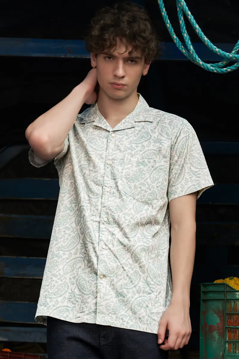 Ivy Stone-Stonewall Cream And Dianne Green Paisleys Printed Subtle Sheen Super Soft Premium Cotton Casual Shirt 7