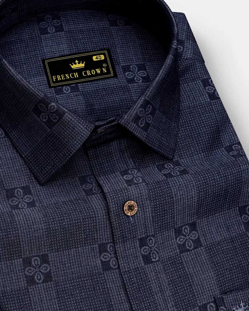 Jacrosa-Midnight Denim Blue Floral Check Jacquard Textured Super Soft Premium Cotton Casual Shirt 1
