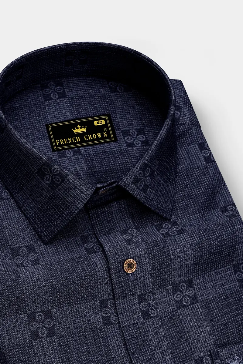 Jacrosa-Midnight Denim Blue Floral Check Jacquard Textured Super Soft Premium Cotton Casual Shirt 2