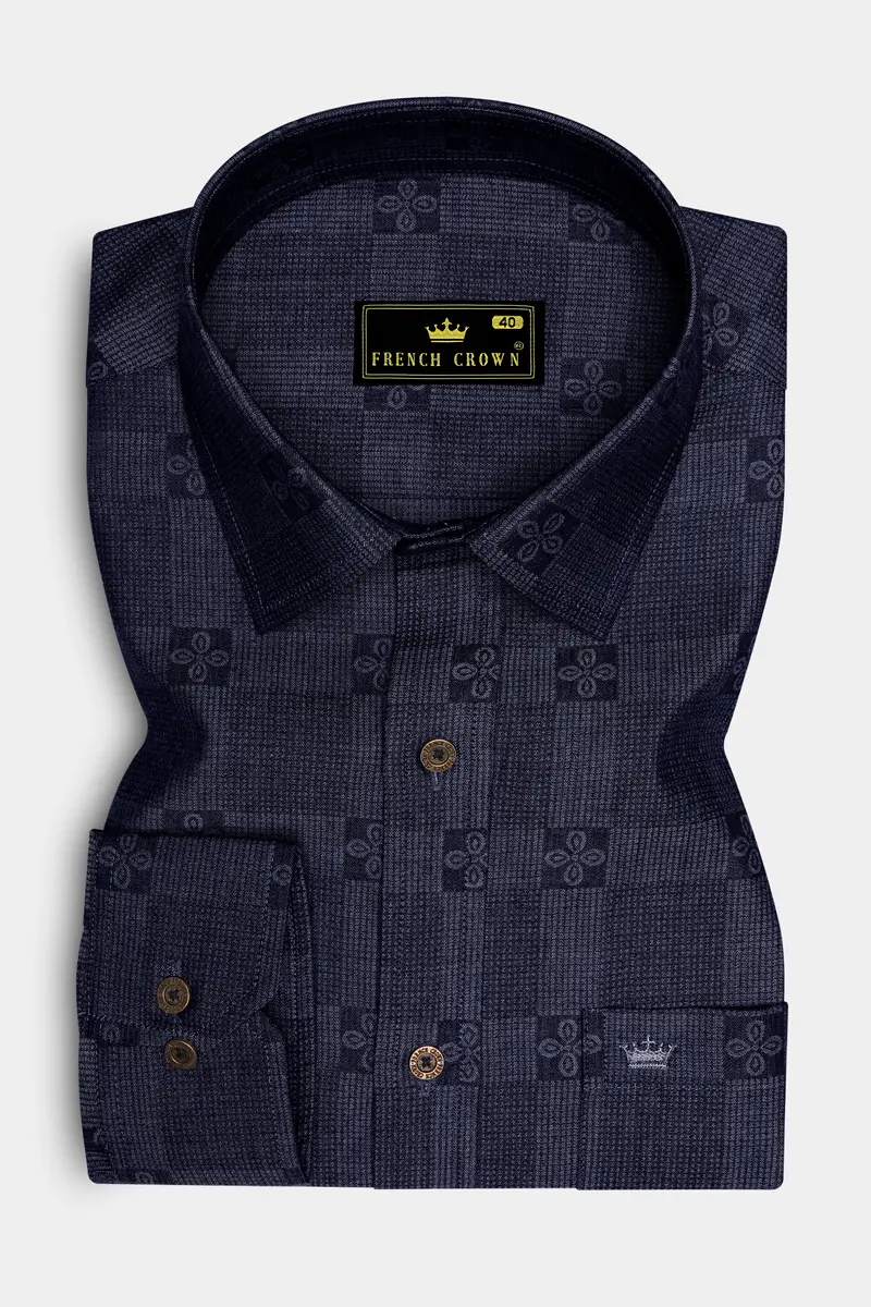 Jacrosa-Midnight Denim Blue Floral Check Jacquard Textured Super Soft Premium Cotton Casual Shirt 4