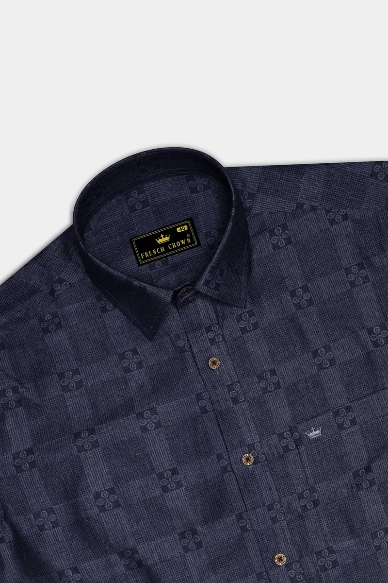 Jacrosa-Midnight Denim Blue Floral Check Jacquard Textured Super Soft Premium Cotton Casual Shirt 5