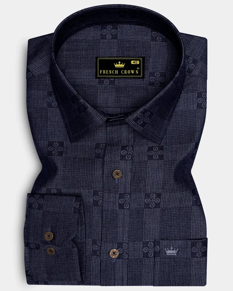 Jacrosa-Midnight Denim Blue Floral Check Jacquard Textured Super Soft Premium Cotton Casual Shirt 6