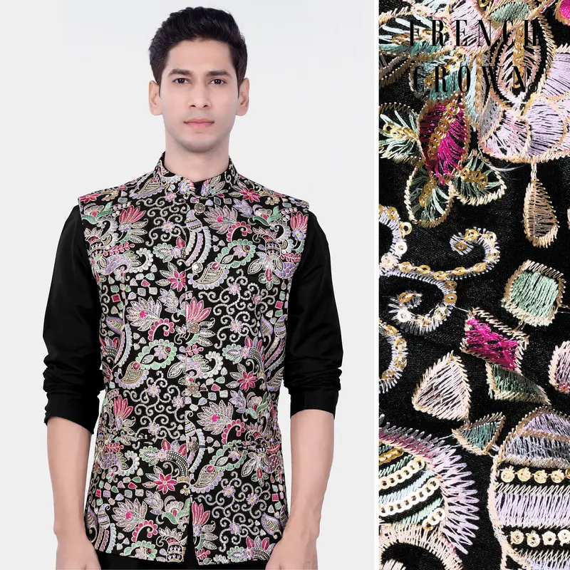 Jade Black And Amethyst Purple Multicolour Designer Embroidered Nehru Jacket 1
