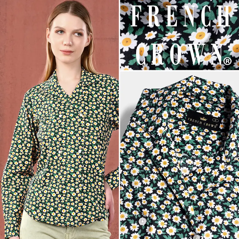 Jade Black And Bright White Ditsy Printed Premium Cotton Designer V Neck Shirt 1