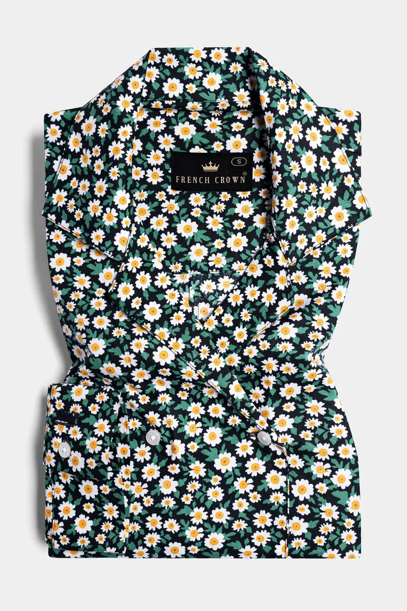 Jade Black And Bright White Ditsy Printed Premium Cotton Designer V Neck Shirt 5