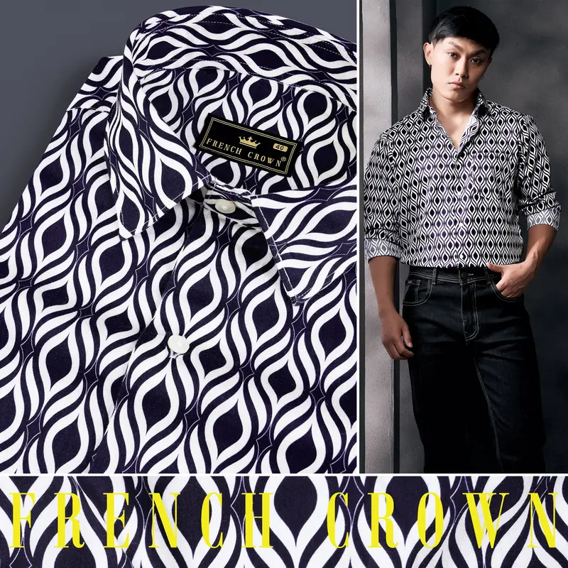 Jade Black And Bright White Hypnotic Printed Subtle Sheen Super Soft Premium Cotton Shirt 13