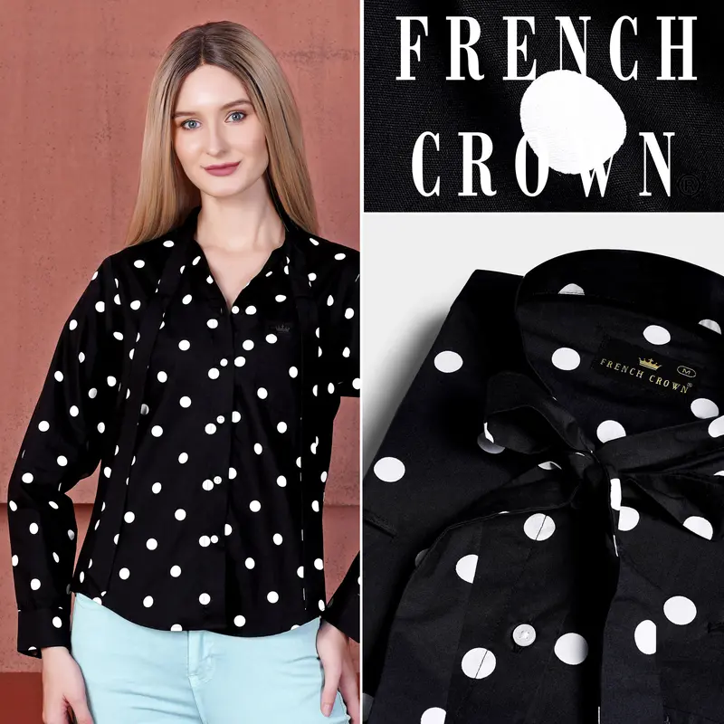Jade Black And Bright White Polka Dots Premium Cotton Shirt With Tie-Up Neck 1