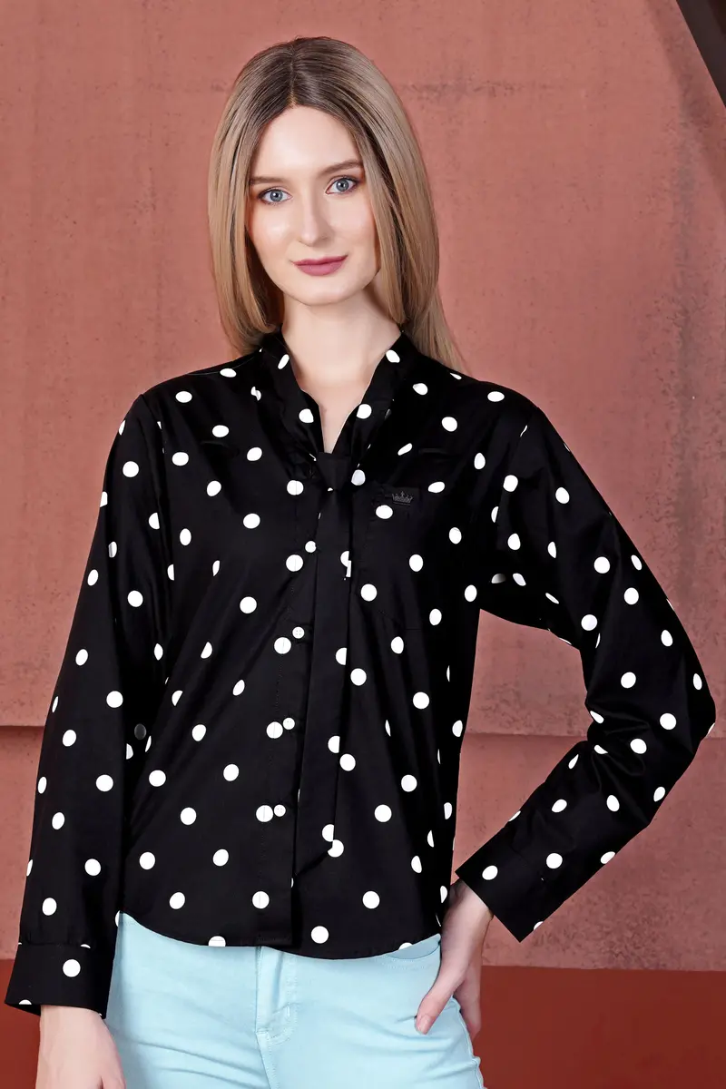 Jade Black And Bright White Polka Dots Premium Cotton Shirt With Tie-Up Neck 2
