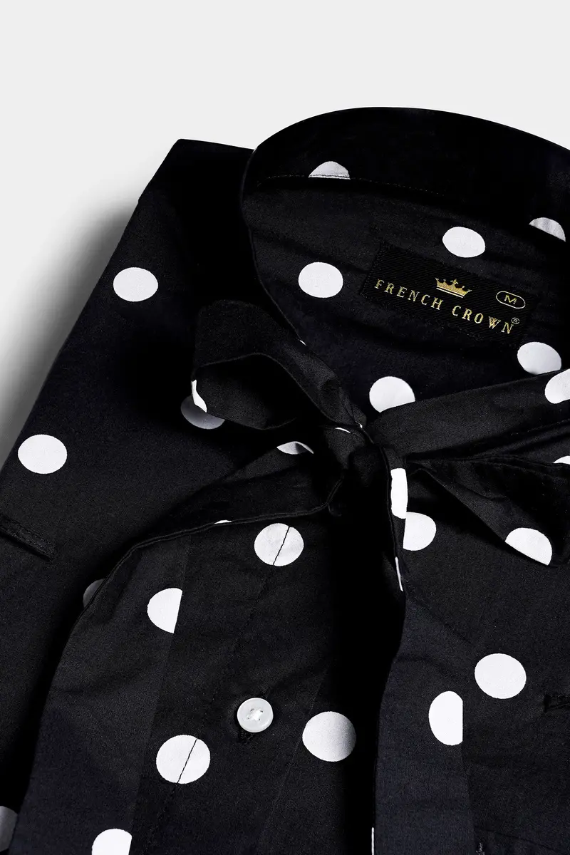 Jade Black And Bright White Polka Dots Premium Cotton Shirt With Tie-Up Neck 4