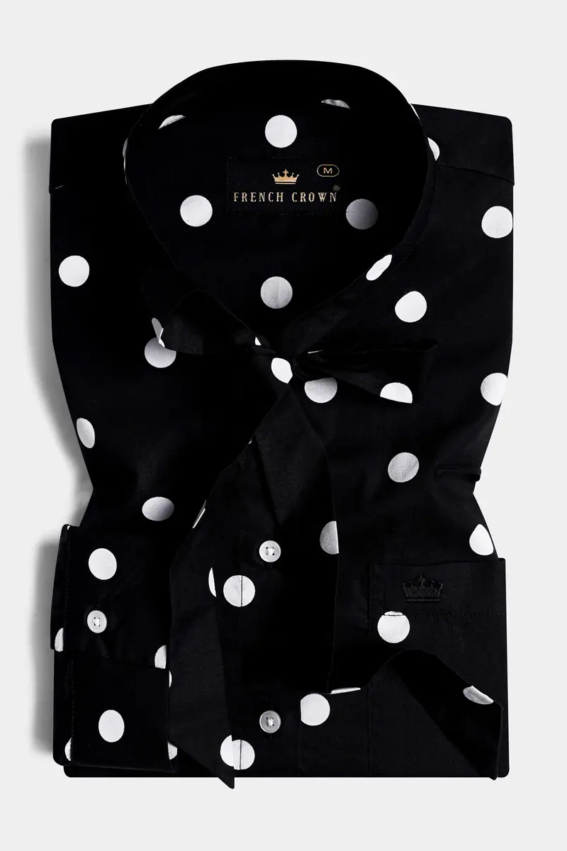 Jade Black And Bright White Polka Dots Premium Cotton Shirt With Tie-Up Neck 5