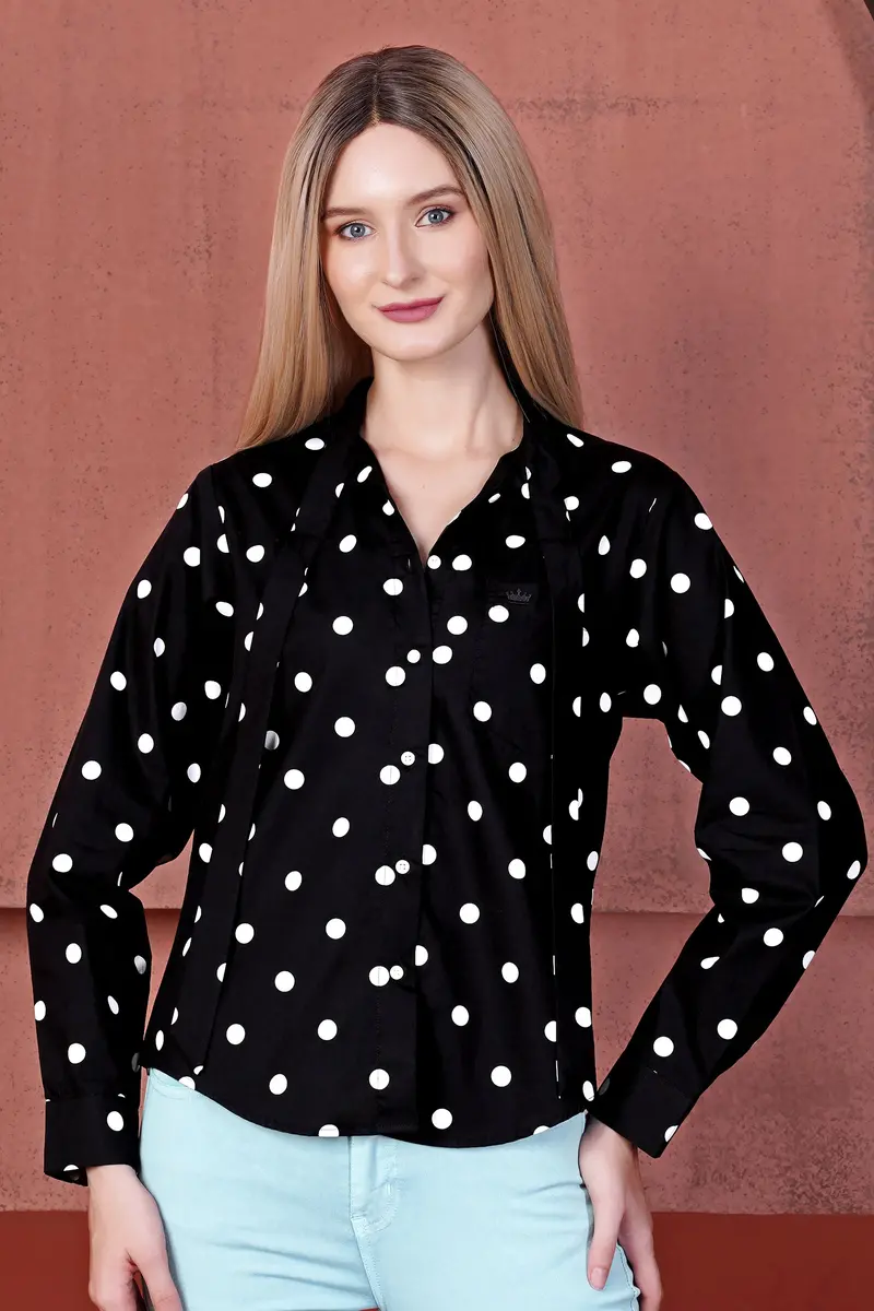Jade Black And Bright White Polka Dots Premium Cotton Shirt With Tie-Up Neck 6