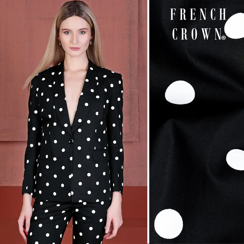 Jade Black And Bright White Polka Dots Premium Cotton Women’S Tuxedo Blazer 1