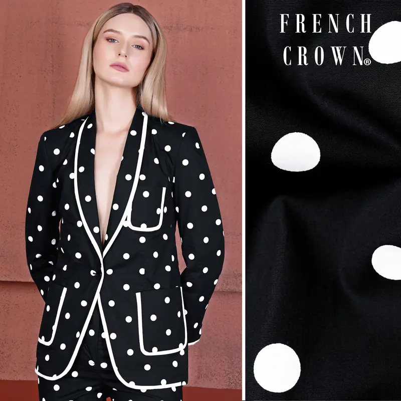 Jade Black And Bright White Polka Dots With White Piping Work Premium Cotton Women’S Designer Blazer 1