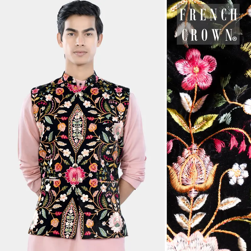 Jade Black And Carmine Pink Multicolour Floral Thread Embroidered Designer Nehru Jacket 1