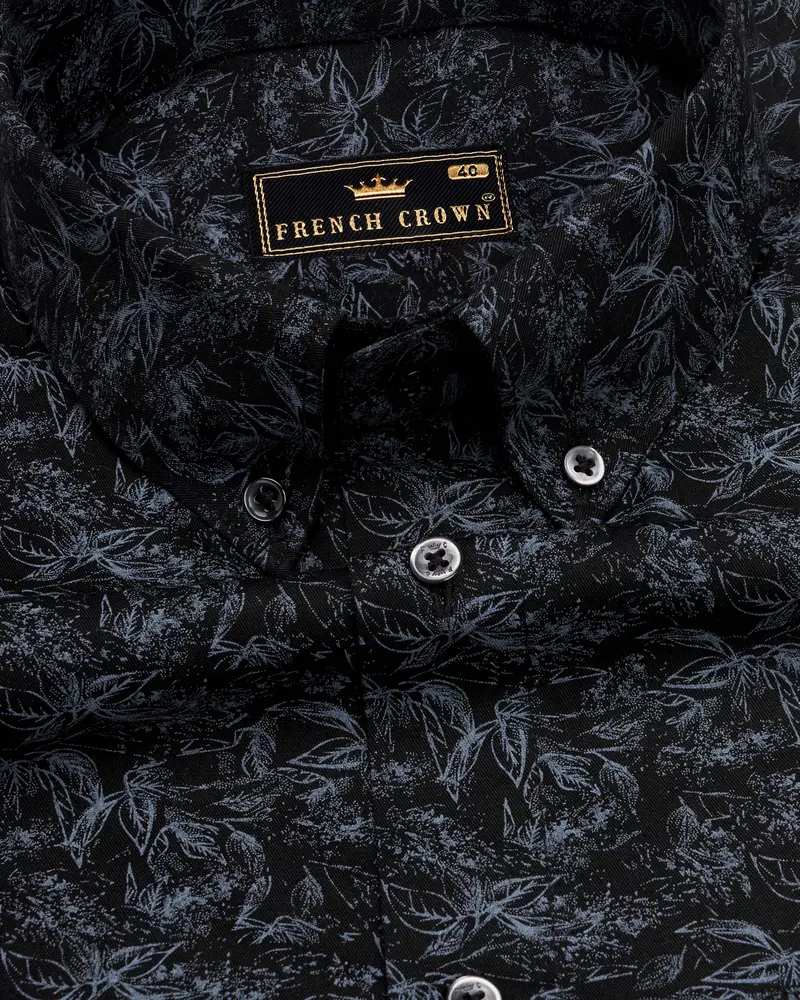 Jade Black And Comet Gray Leaves Printed Twill Premium Cotton Shirt 1