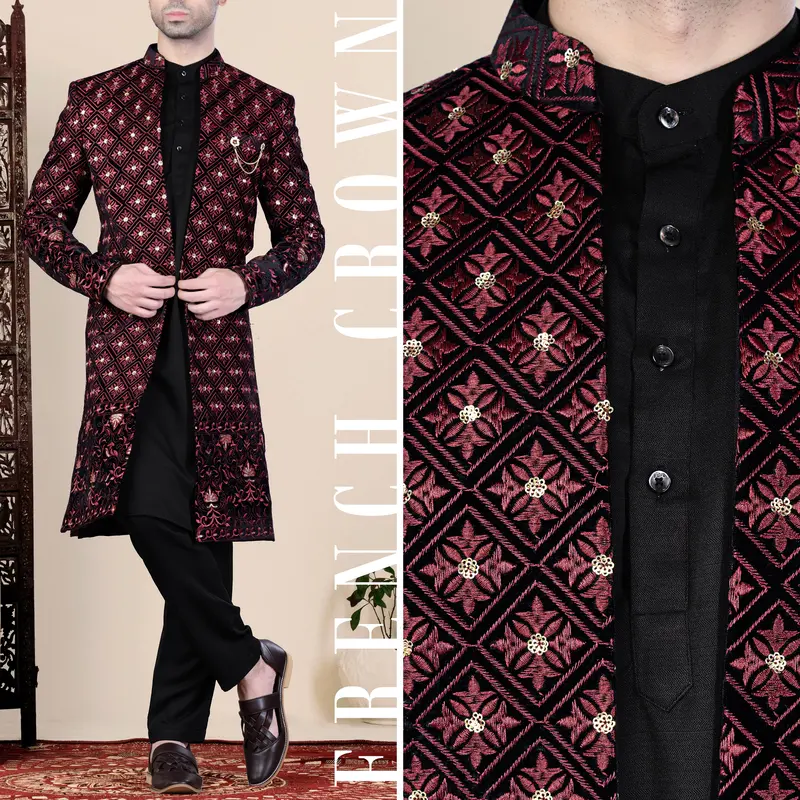 Jade Black And Cordovan Pink Geometric Thread And Sequin Embroidered Indo-Western 1