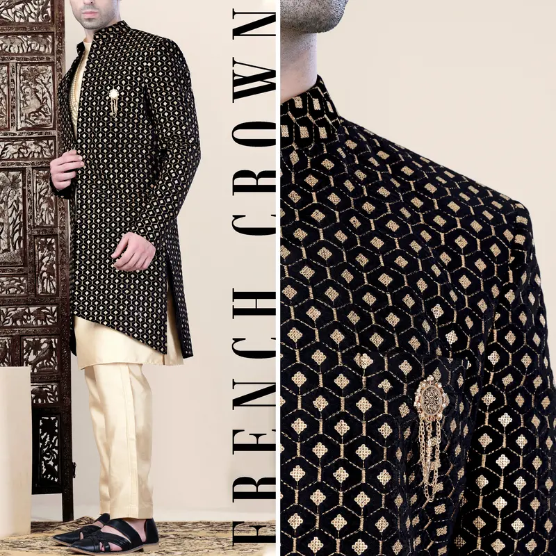 Jade Black And Fawn Brown Geometric Pattern Thread And Sequin Embroidered Indo-Western 1