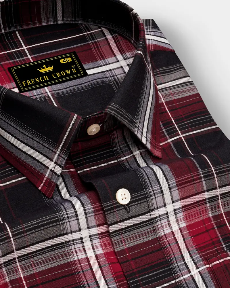 Jade Black And Fire Brick Red Plaid Dobby Textured Premium Giza Cotton Shirt 1