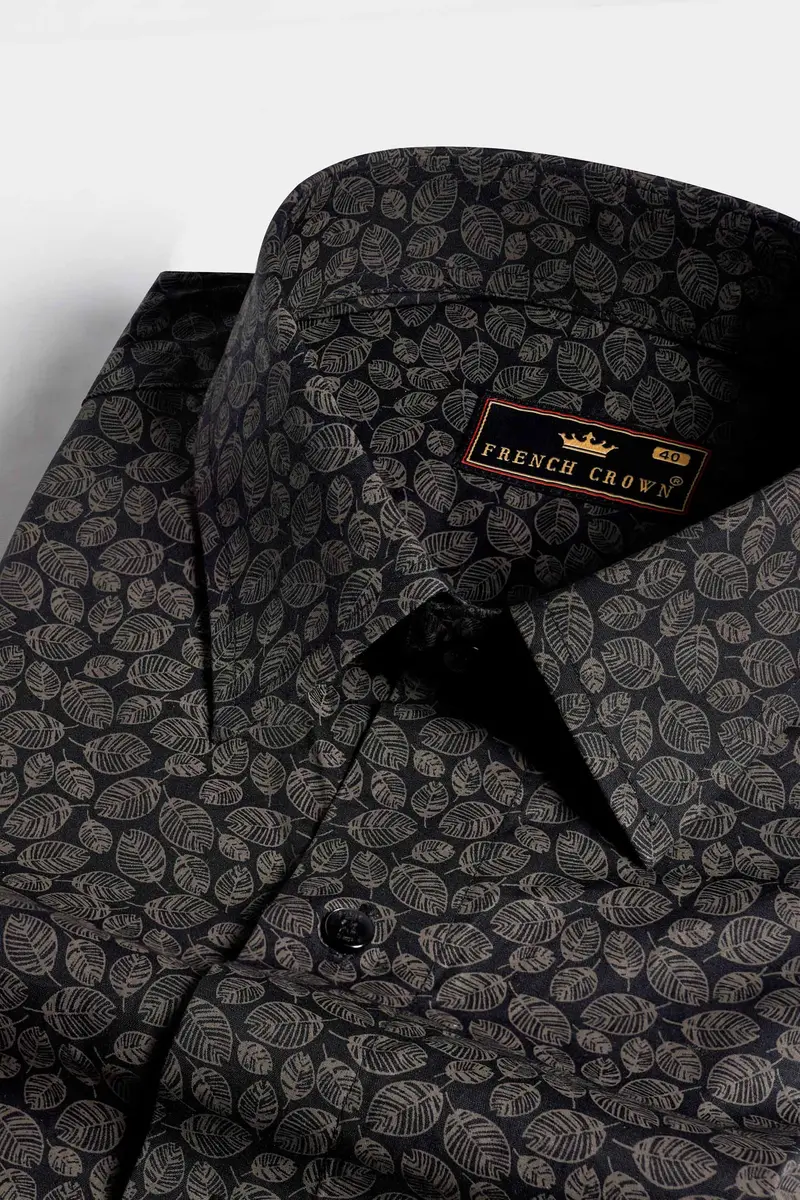 Jade Black And Flint Brown Leaves Printed Premium Cotton Shirt 1