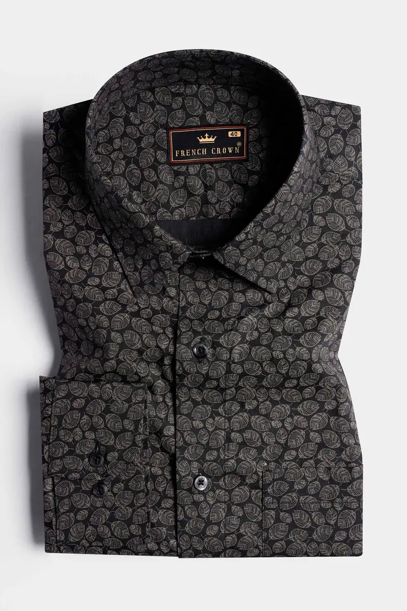 Jade Black And Flint Brown Leaves Printed Premium Cotton Shirt 3