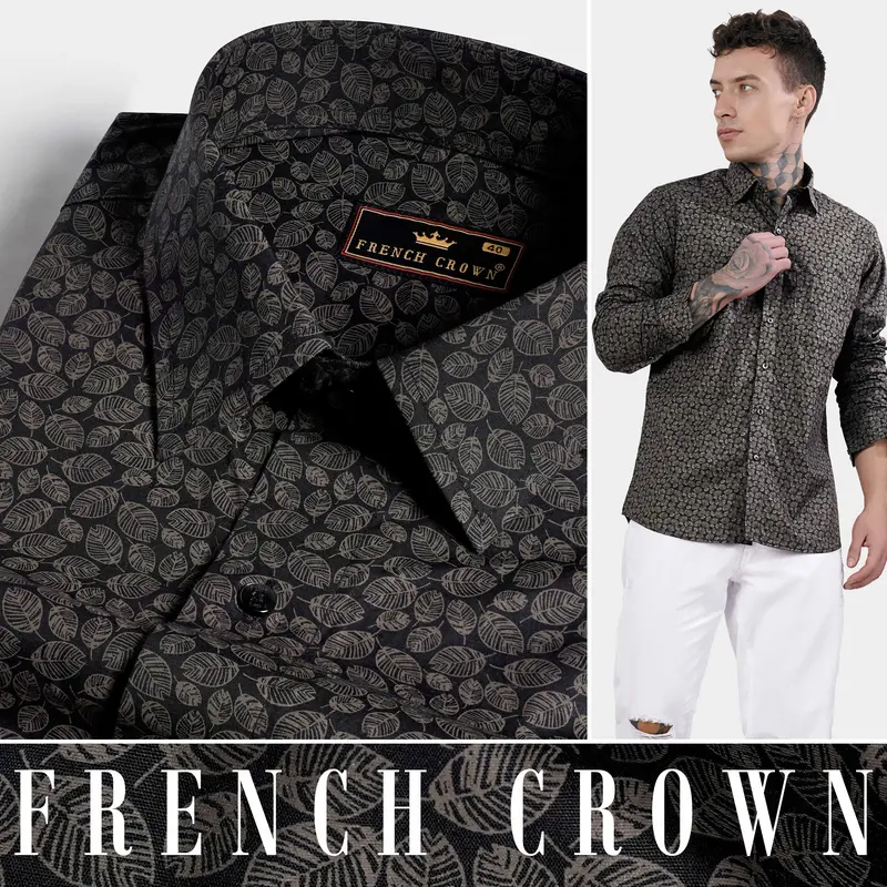 Jade Black And Flint Brown Leaves Printed Premium Cotton Shirt 4