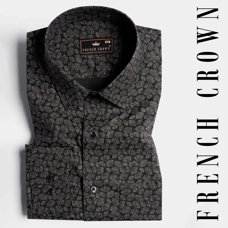Jade Black And Flint Brown Leaves Printed Premium Cotton Shirt 7