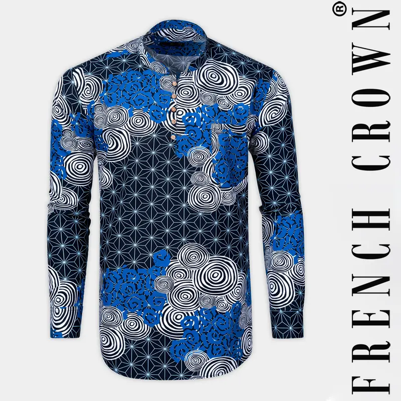 Jade Black And French Blue With Galactic Printed Premium Cotton Kurta Shirt 1