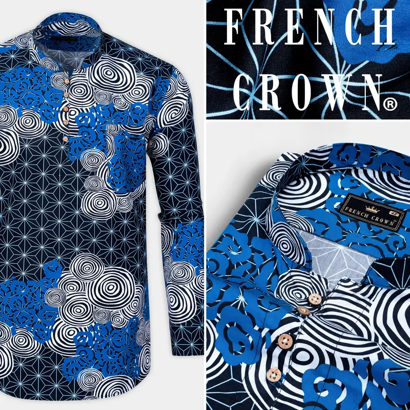 Jade Black And French Blue With Galactic Printed Premium Cotton Kurta Shirt 9