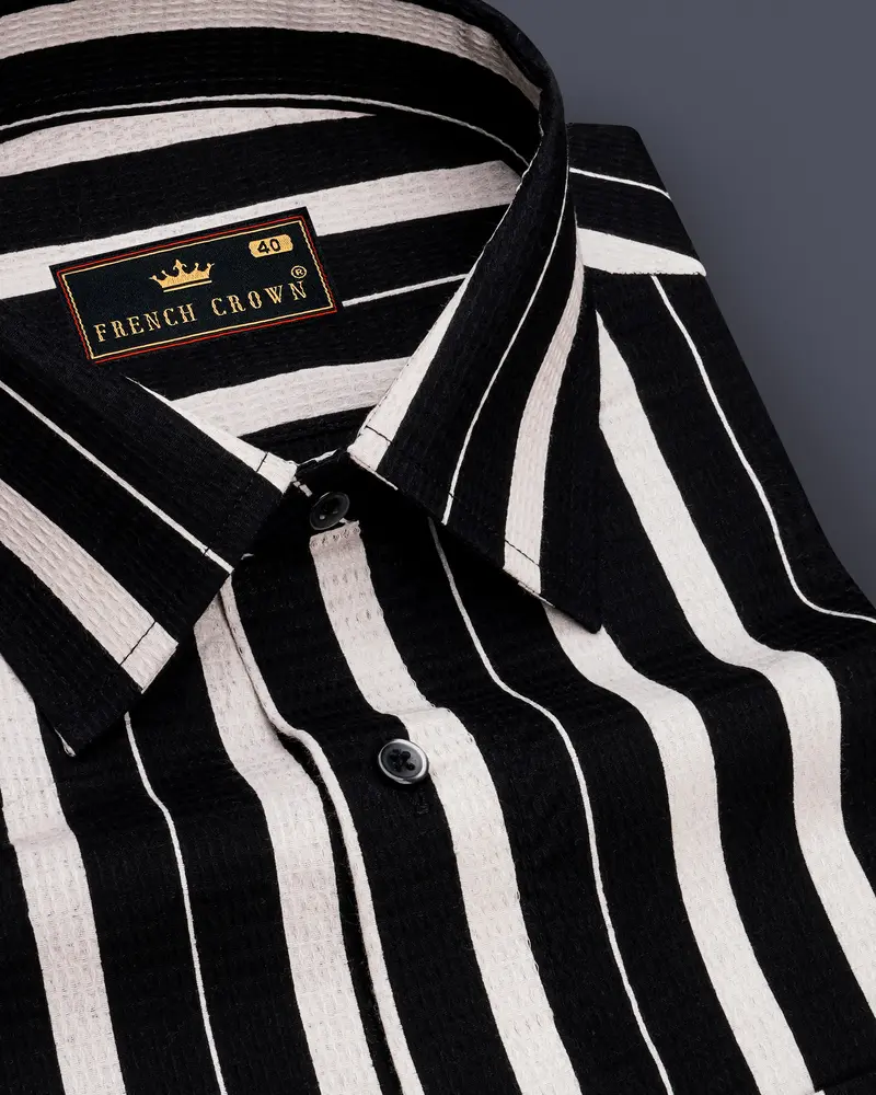 Jade Black And Gainsboro Off White Striped Dobby Textured Premium Giza Cotton Shirt 1