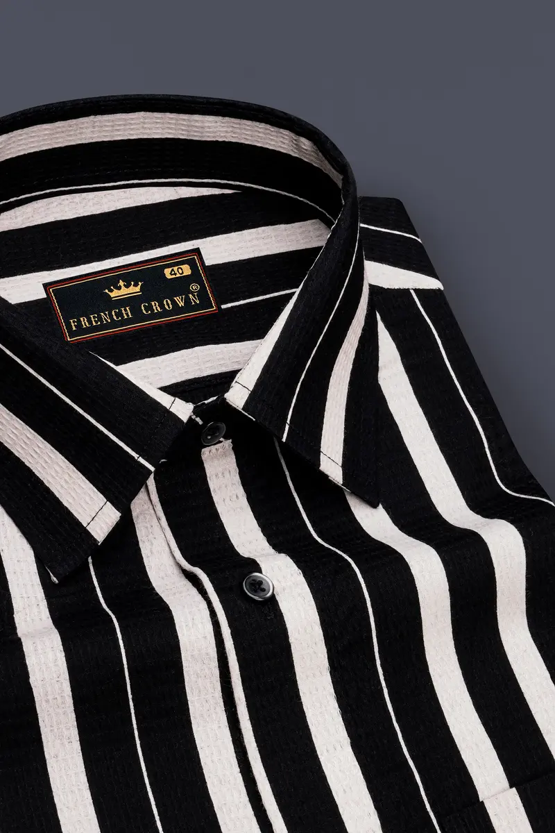 Jade Black And Gainsboro Off White Striped Dobby Textured Premium Giza Cotton Shirt 2