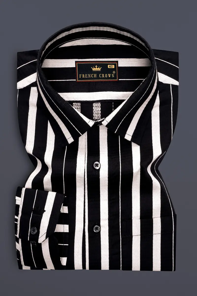 Jade Black And Gainsboro Off White Striped Dobby Textured Premium Giza Cotton Shirt 4