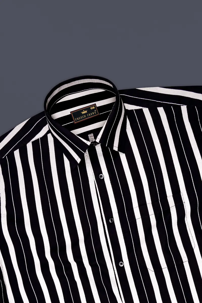Jade Black And Gainsboro Off White Striped Dobby Textured Premium Giza Cotton Shirt 5