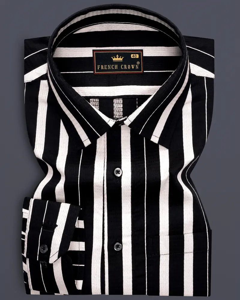 Jade Black And Gainsboro Off White Striped Dobby Textured Premium Giza Cotton Shirt 6