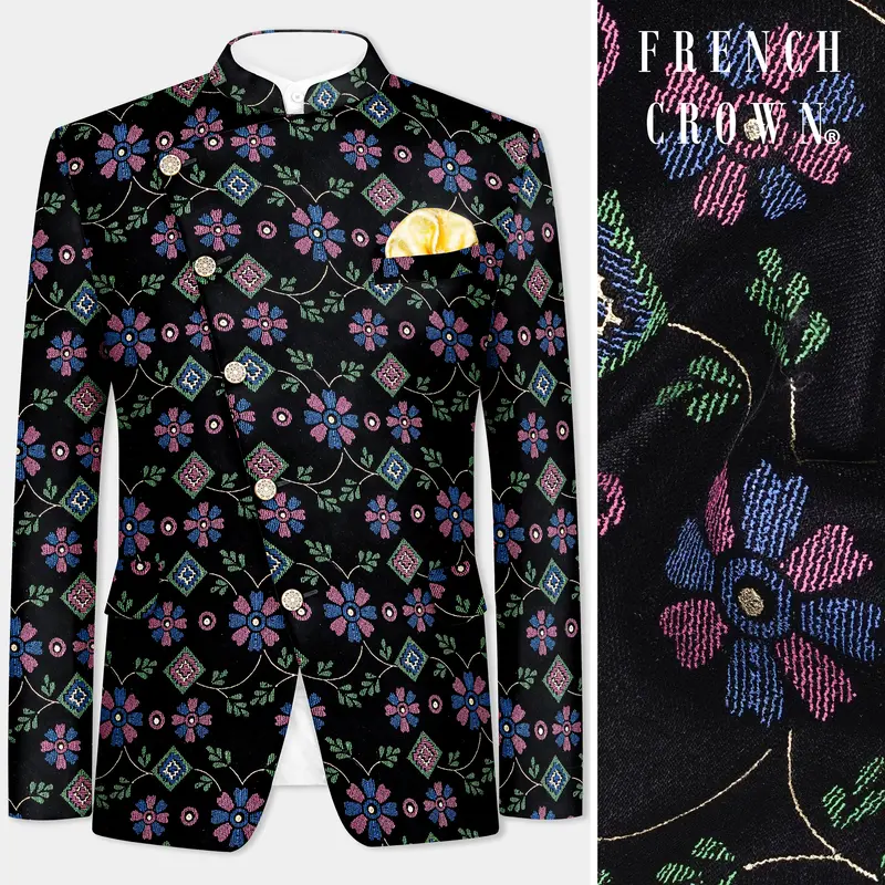 Jade Black And Glade Green Multicolour Floral Jacquard Weave Cross Placket Bandhgala Jodhpuri 1