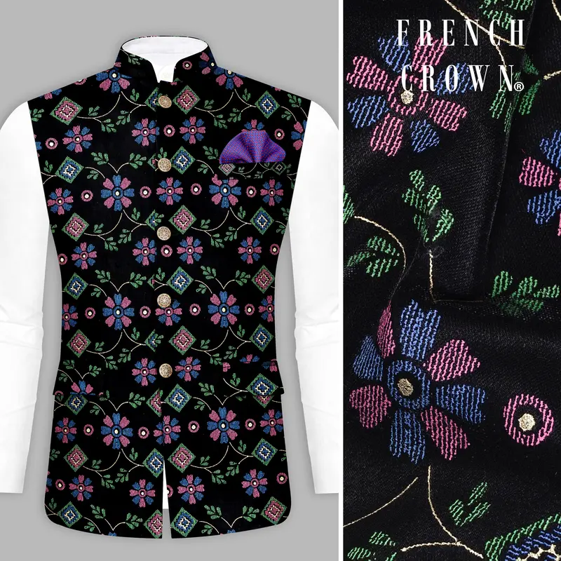 Jade Black And Glade Green Multicolour Floral Jacquard Weave Nehru Jacket 1