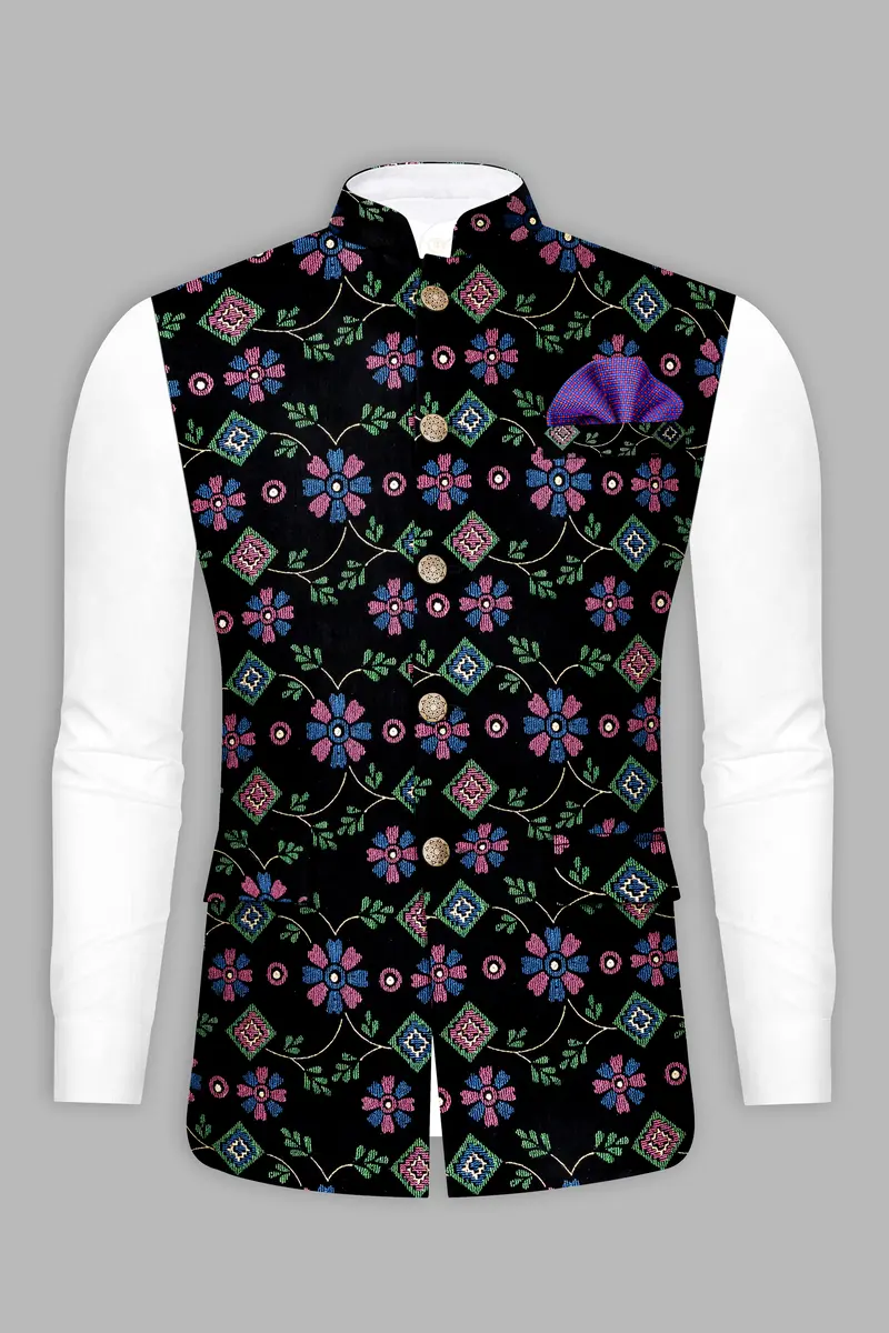 Jade Black And Glade Green Multicolour Floral Jacquard Weave Nehru Jacket 2