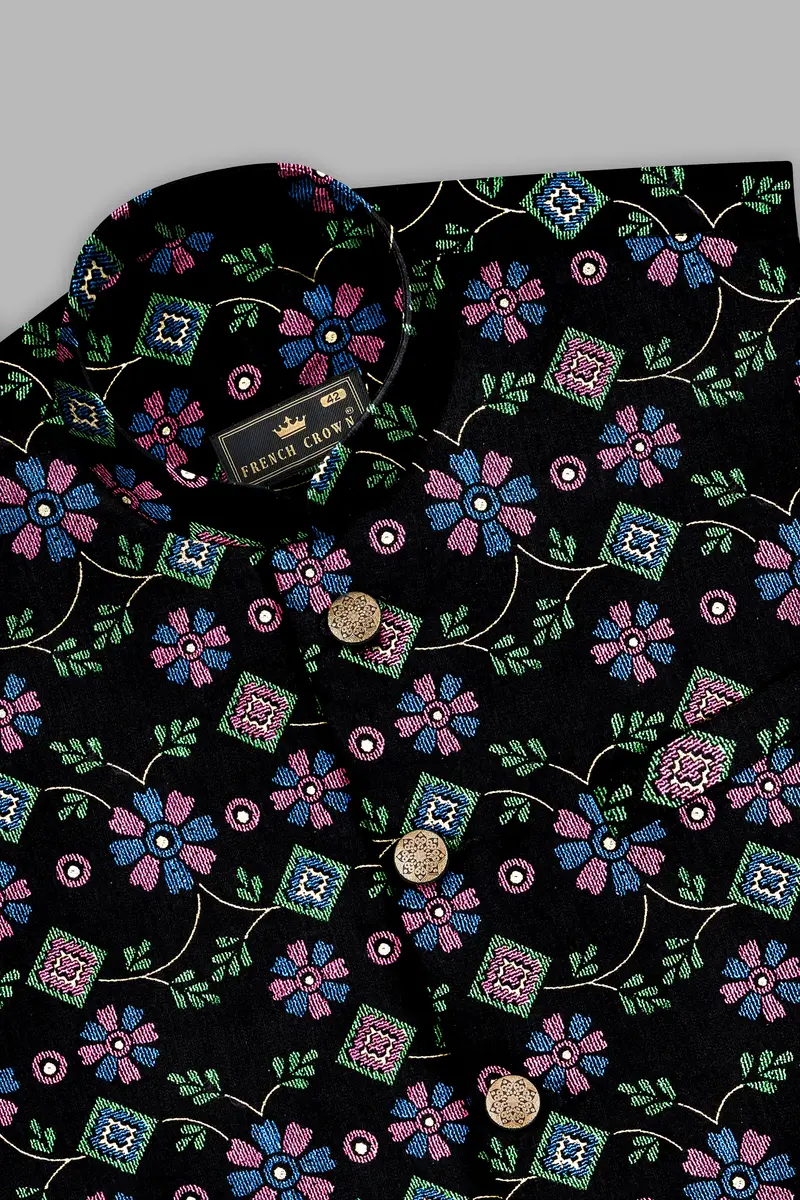 Jade Black And Glade Green Multicolour Floral Jacquard Weave Nehru Jacket 4