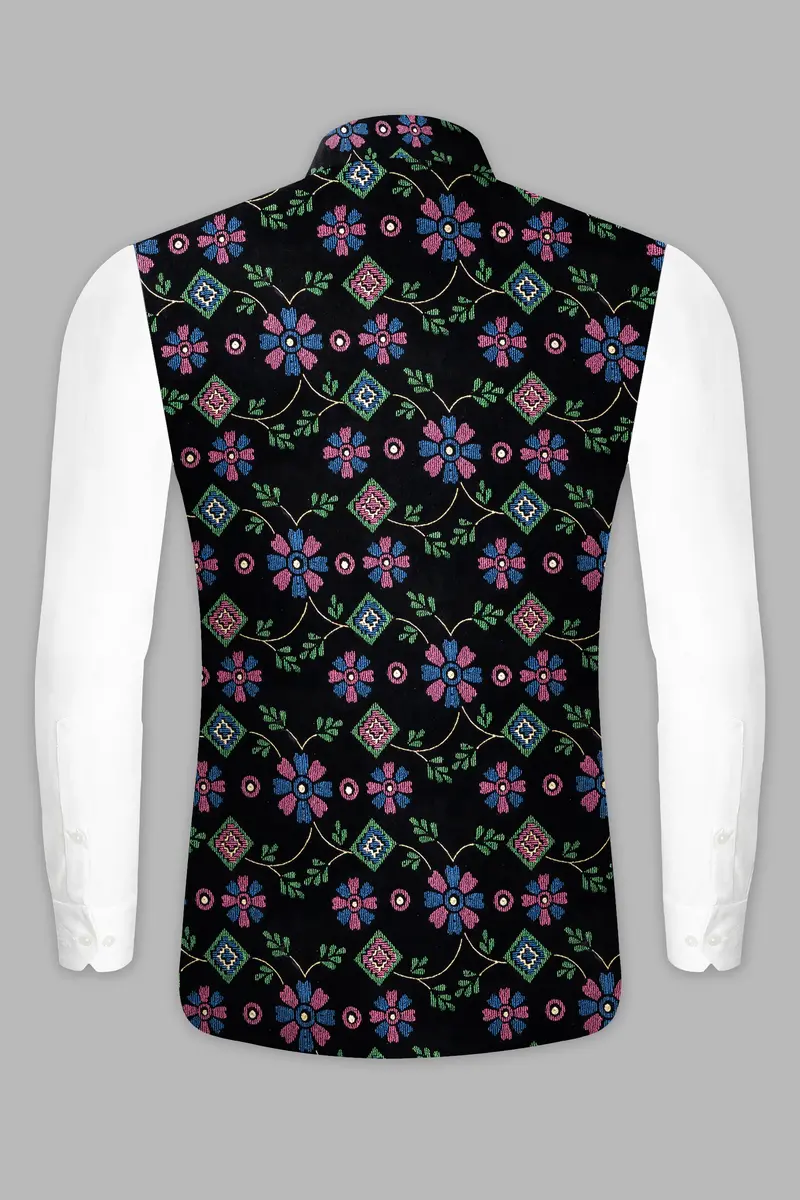 Jade Black And Glade Green Multicolour Floral Jacquard Weave Nehru Jacket 5