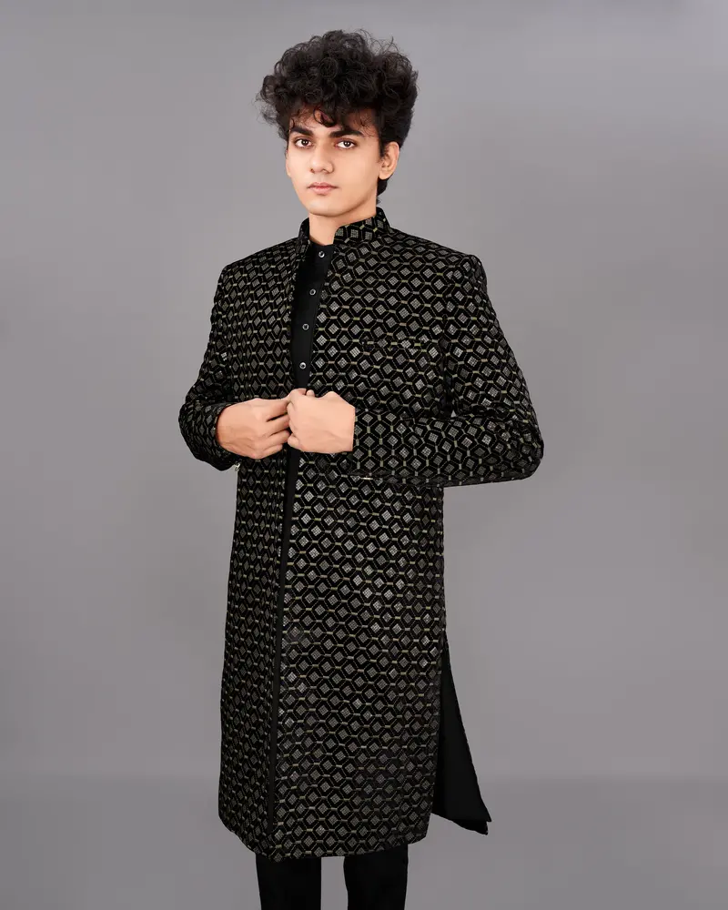Jade Black And Husk Brown Embroidered With Tikki Work Sherwani With Kurta And Pants Set 1