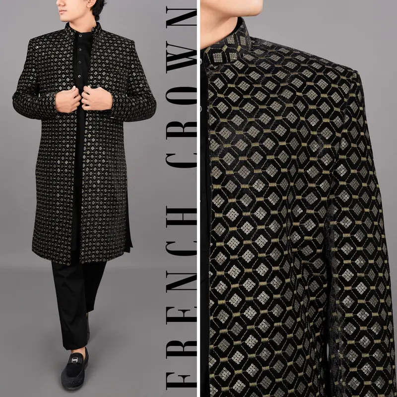 Jade Black And Husk Brown Embroidered With Tikki Work Sherwani With Kurta And Pants Set 1