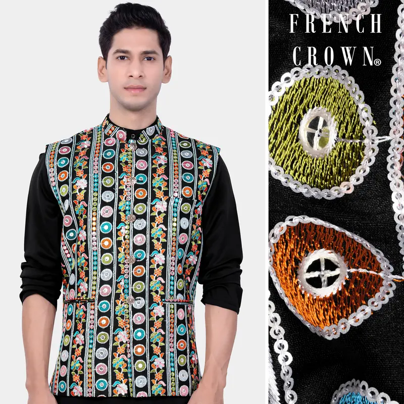 Jade Black And Rose Pink Multicolour Thread Embroidered Nehru Jacket 1