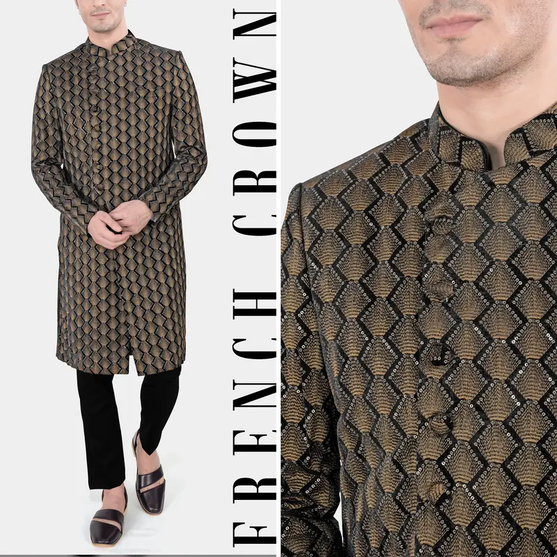 Jade Black And Toast Brown Golden Thread Embroidered Indo Western With Kurta And Pant Set 1