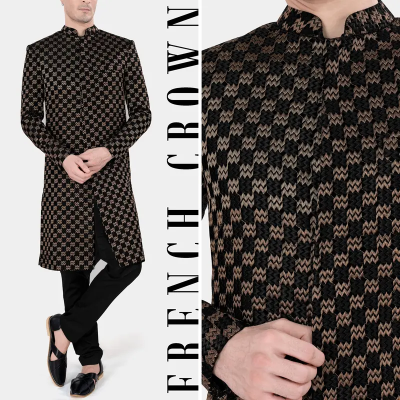 Jade Black And Toast Brown Zig Zag Embroidered Indo Western With Black Kurta And Pajama Set 1
