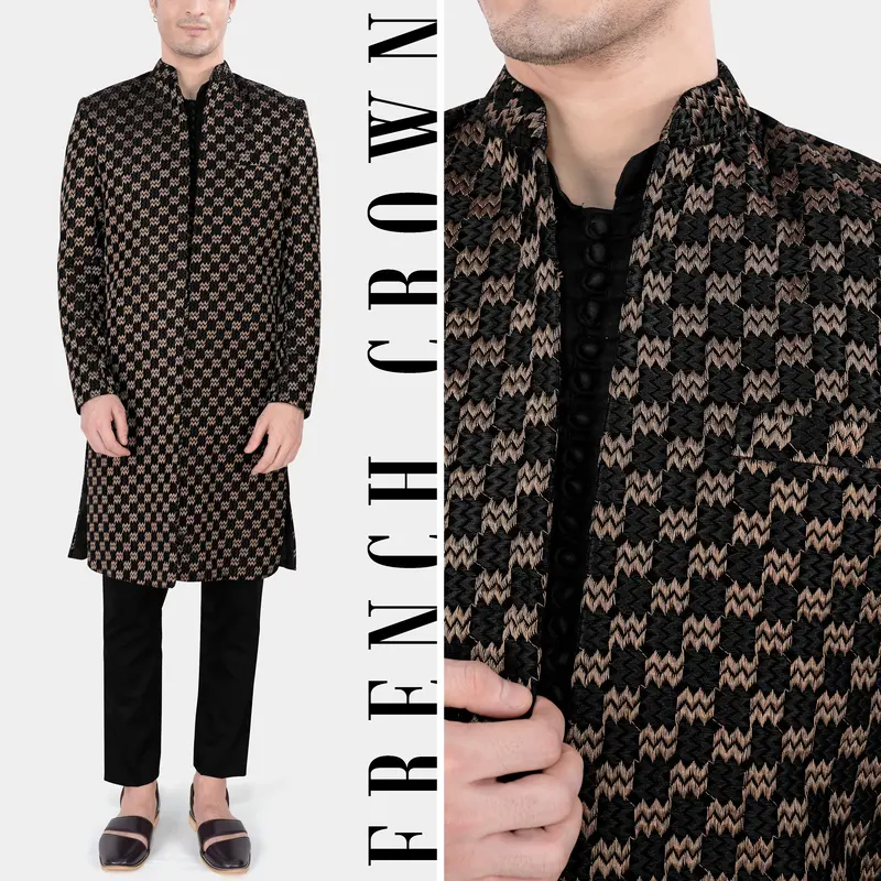 Jade Black And Toast Brown Zig Zag Embroidered Indo Western With Black Kurta And Pant Set 1