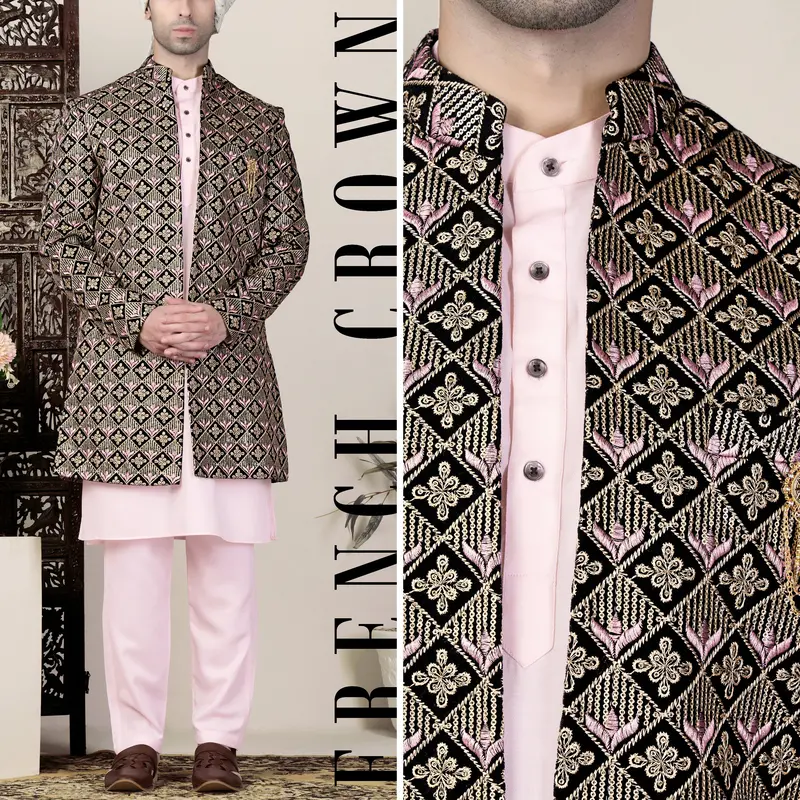 Jade Black And Wewak Pink Geometric Thread Embroidered Indo-Western 1